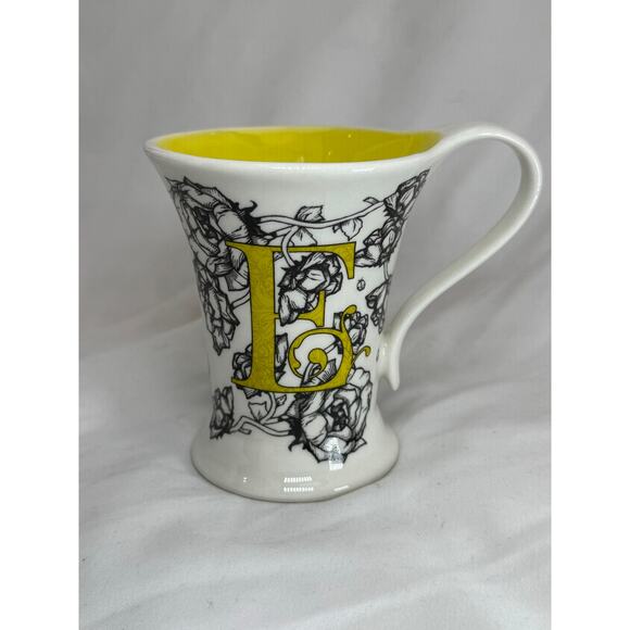 Monogram Letter Initial E mug Cypress Home Yellow, Black Roses BoHo - Picture 3 of 8